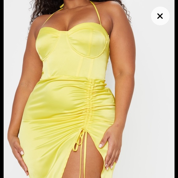 Plus Yellow Satin Corset Detail Ruched Side Midi Dress - Picture 2 of 6